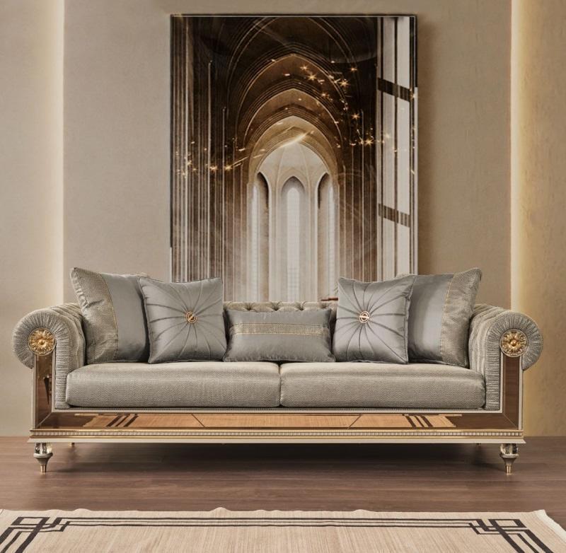 Three Seater Couch Sofa Seater Gray Fabric Fabric Sofa Classic Wood Gold