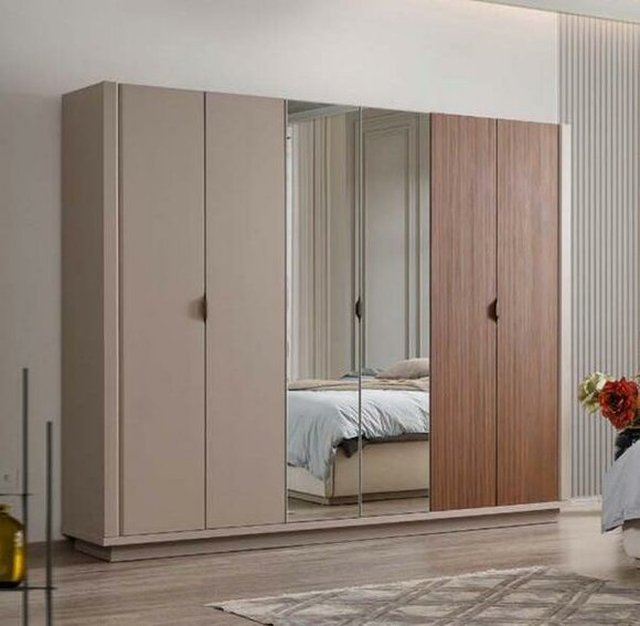 Beige Wardrobe Bedroom Cabinets Glass Doors 6 Door Wardrobe