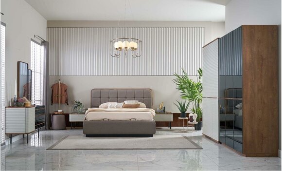 Luxury Double Bed Complete Bedroom Bed Set 7-Piece Bed Frame Brown