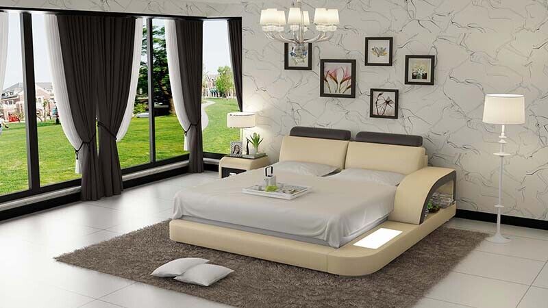 Design Upholstered Double Bed Modern Beds Bedroom with USB & Shelf 160x200cm