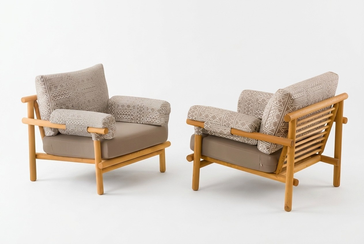 2-piece set of modern beige fabric armchairs made of wood for outdoor areas.
