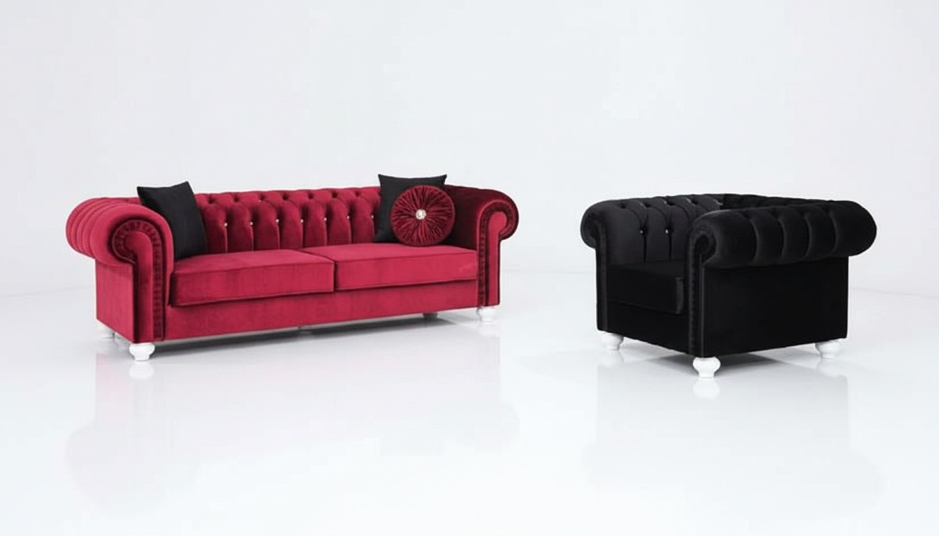 Chesterfield Classic Sofa Set 3+1 Seaters Textile Upholstered Red Black Living Room Couches New