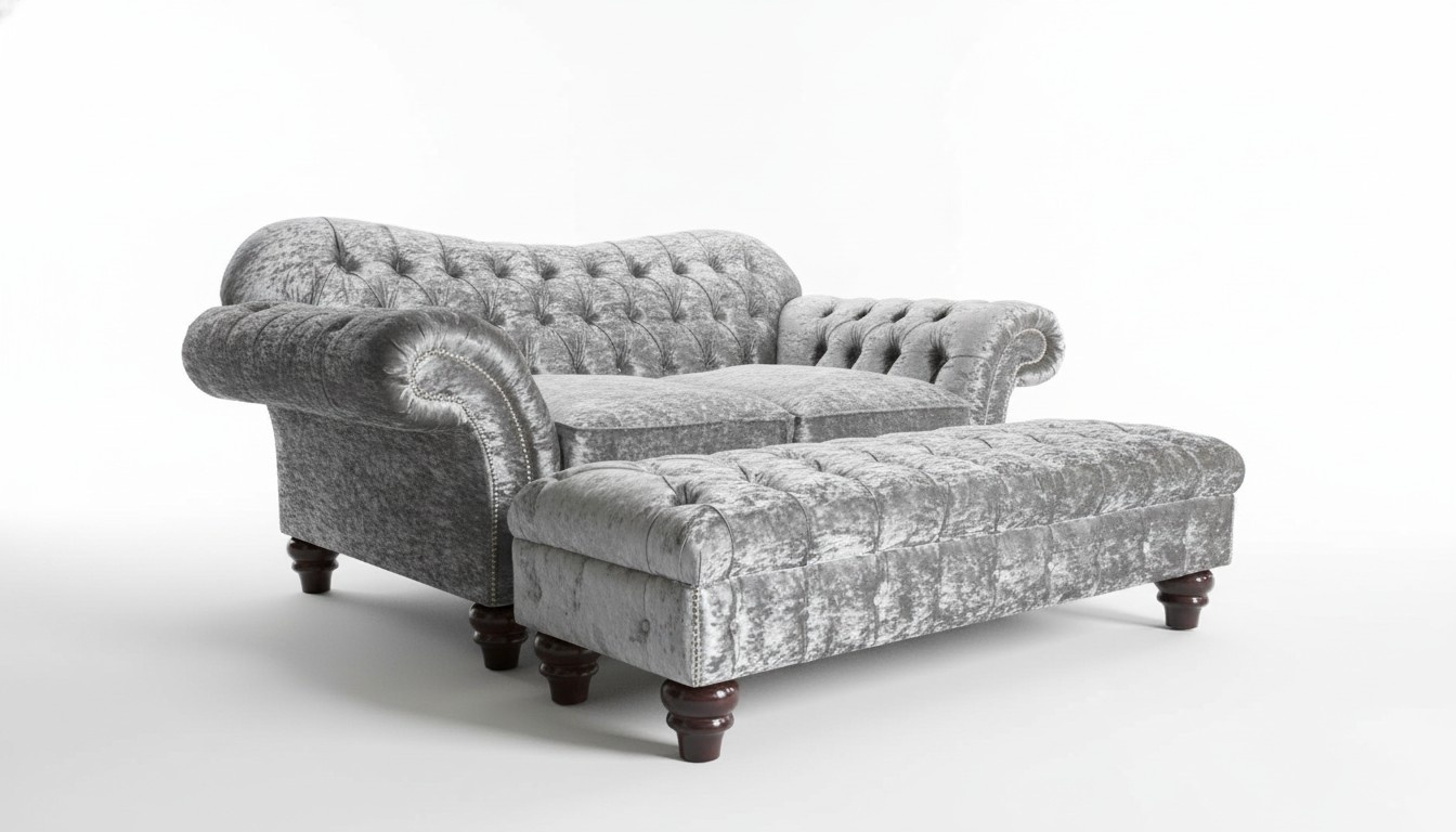Chesterfield Sofa Set 2-Seater + Footstool Long Ottoman Silver Grey Textile New
