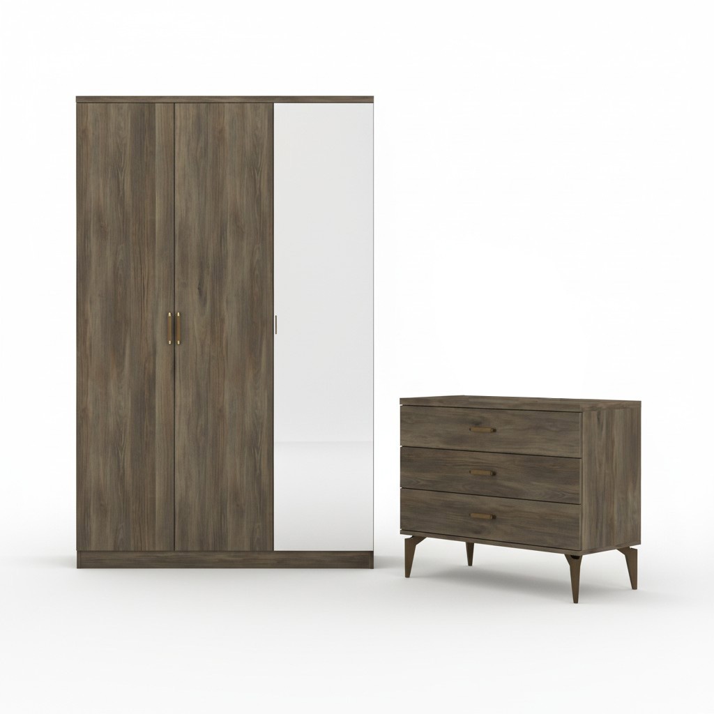 2-piece bedroom set wardrobe + chest of drawers modern furniture style brown