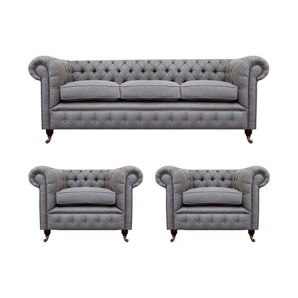 Gray Chesterfield luxury furniture living room set 3pcs sofas textile armchairs