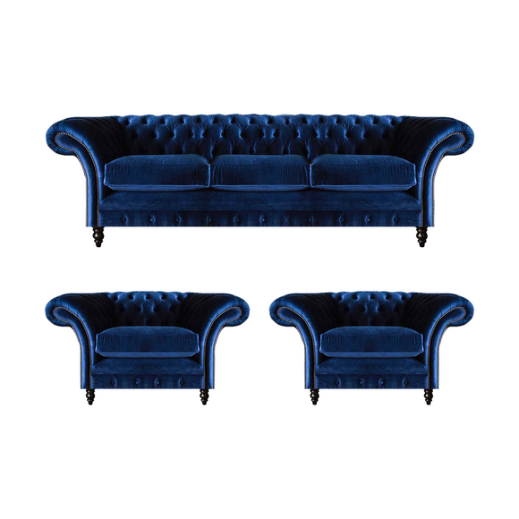 Blue luxury sofa set complete 3-piece furnishing textile fabric Chesterfield