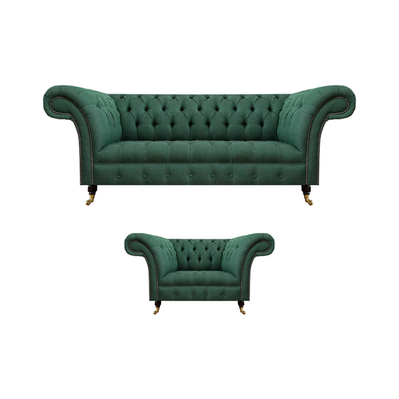 Luxus Wohnzimmer Komplett Grün Dreisitzer Sofa Chesterfield Sessel Neu Set