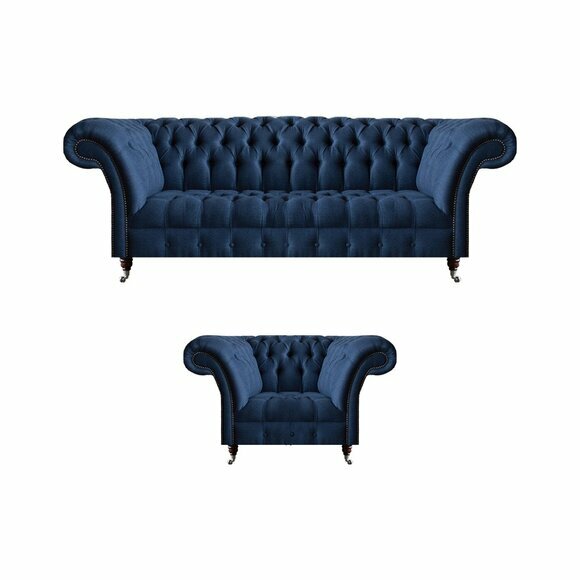 Dark blue living room 3-seater couch designer armchair elegant 2-piece set