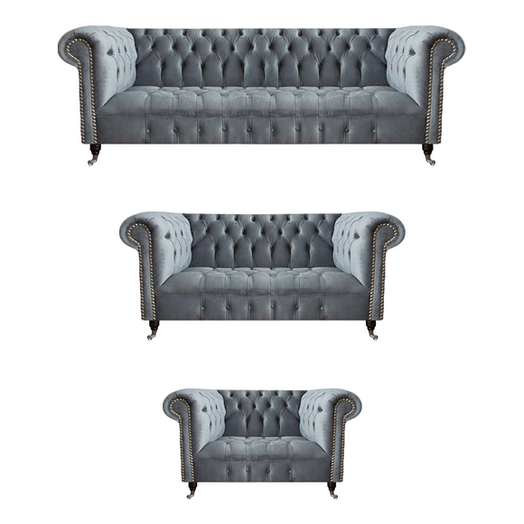 Luxury Set 3 Piece Sofa Set Living Room Chesterfield Gray Furnishing New