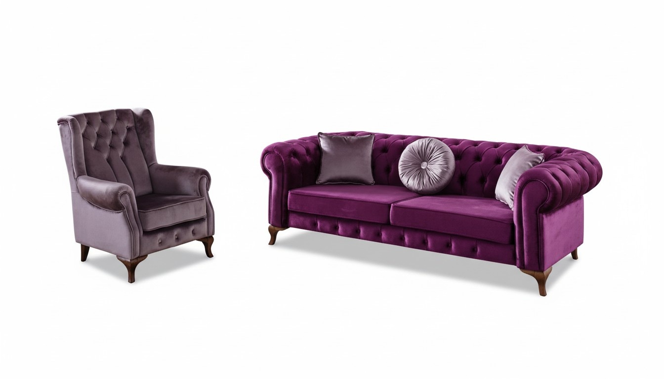 Chesterfield Sofa Set 3+1 Seaters Purple Couches Textile Fabric Cover New