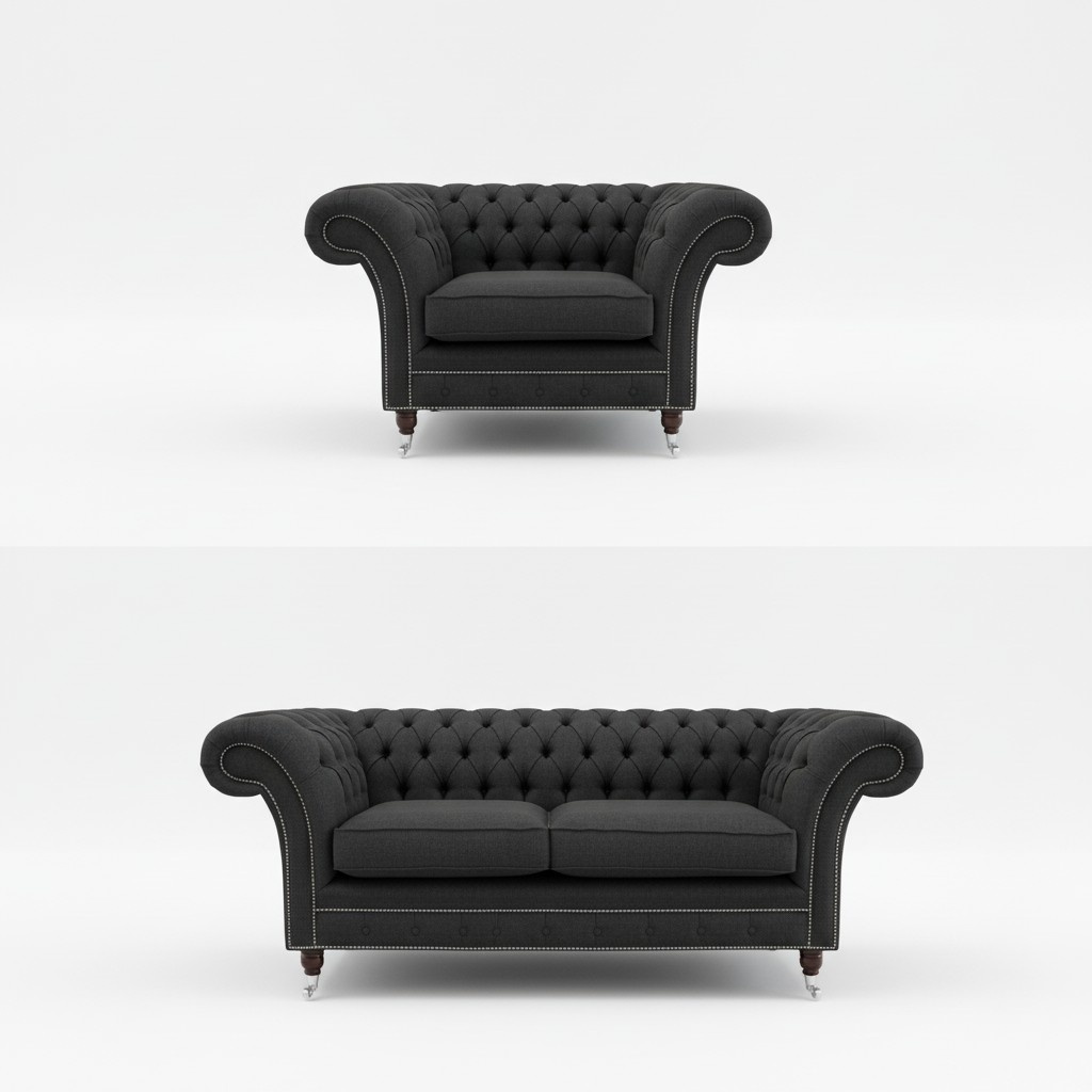 Chesterfield Sofa Set 3+1 Seaters Classic Grey Textile Couches Comfortable Furniture New