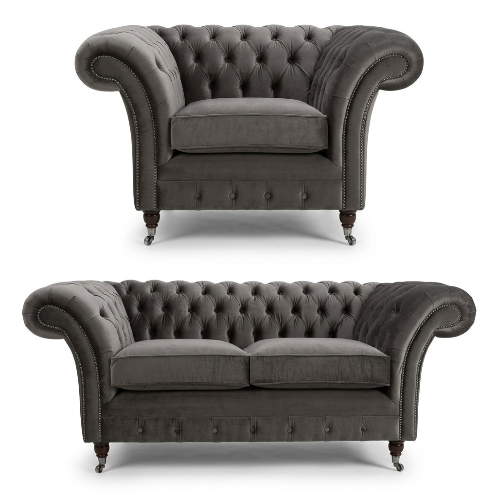 Classic Chesterfield Sofa Set 3+2+1 Seaters Grey Textile Upholstered Living Room Couch New