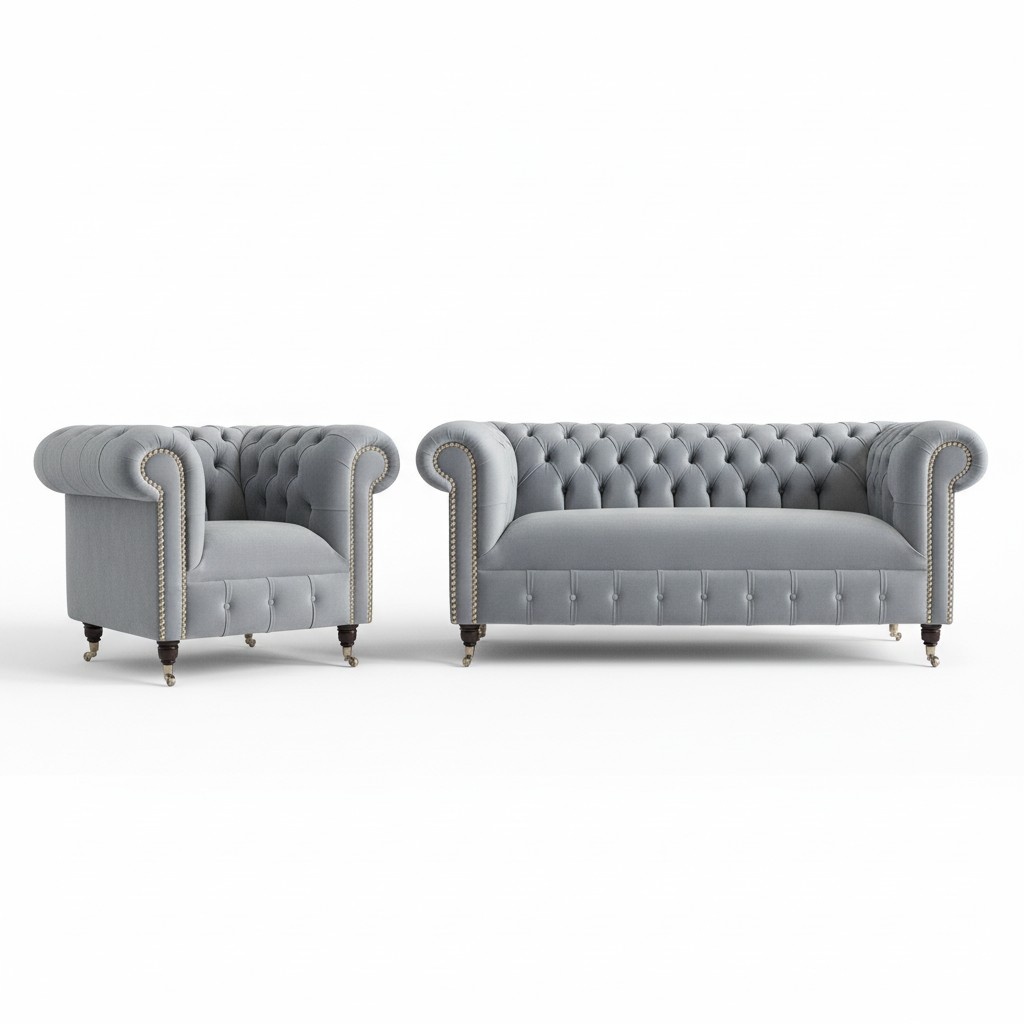 Chesterfield Premium Sofa Set 3+2+1 Seaters Grey Textile or Leather Couches on Casters New