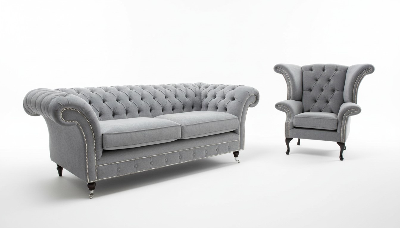 Chesterfield Sofa Set 3+2 Seaters + Wingback Armchair Upholstered Textile Fabric Grey With Cushions + Casters New