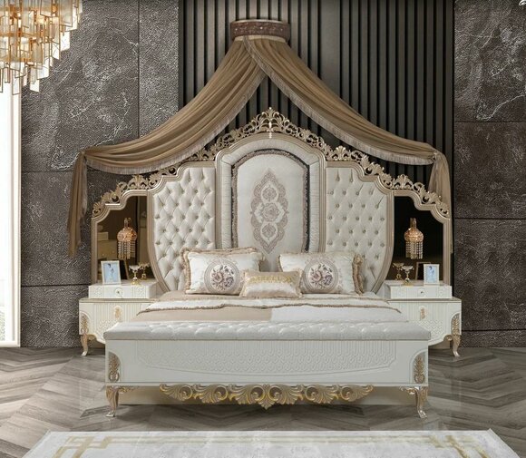 Bedroom set bed with bench 2x bedside tables design luxury 3-piece