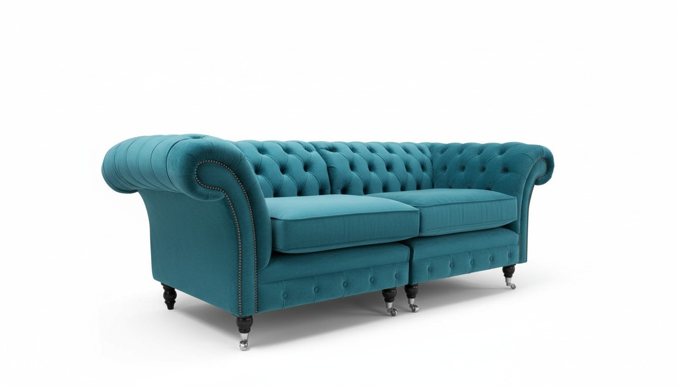 Chesterfield Classic 3-Seater Sofa on Casters Textile New Upholstered Comfortable with Cushions Turquoise Blue