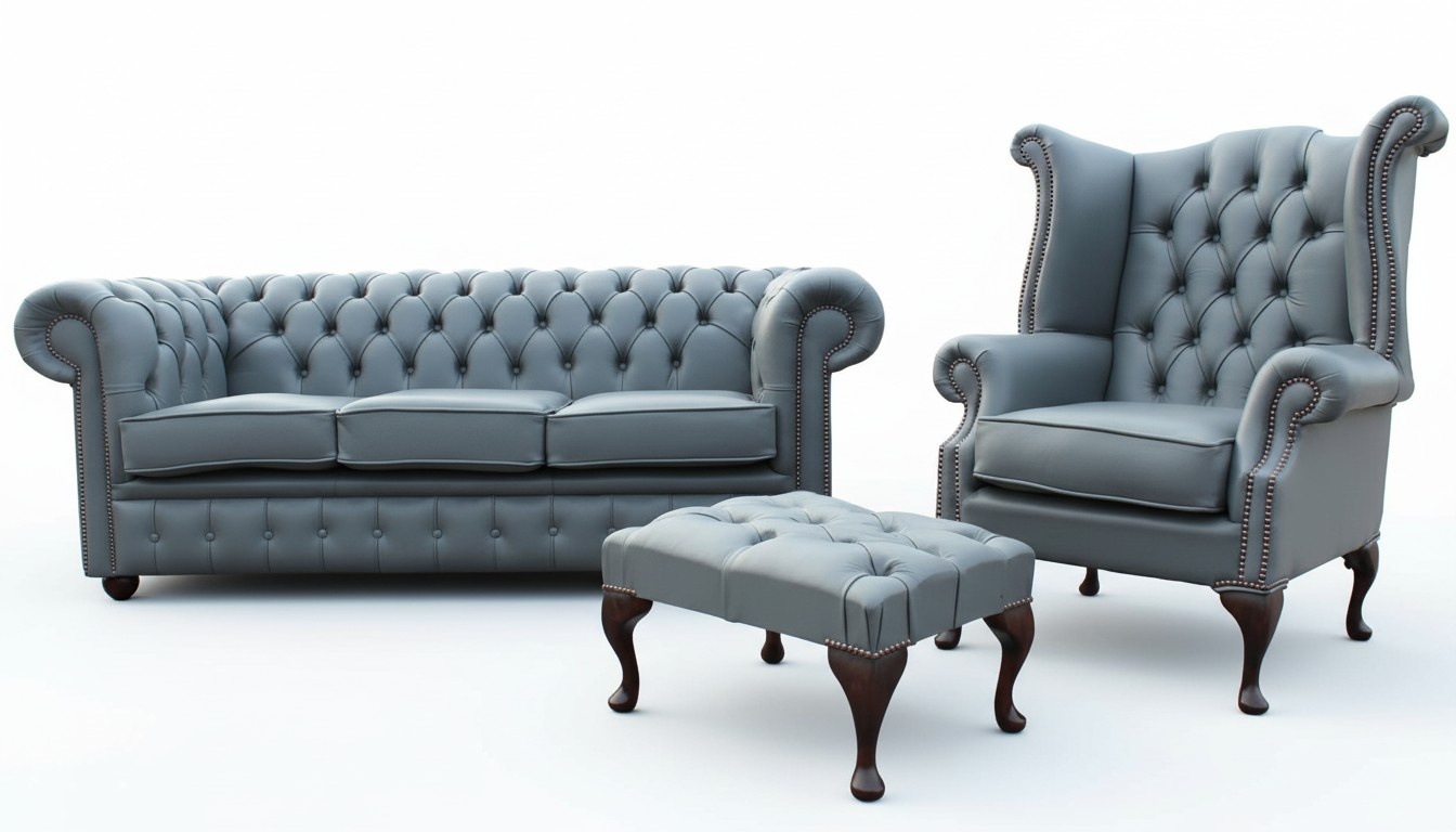 Chesterfield 3-Piece Sofa Set 3-Seater + Wing Armchair + Stool Faux Leather Faint Blue