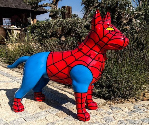 Abstract decorative garden sculpture designed as bull terrier in spider-man kit colored (A526B)