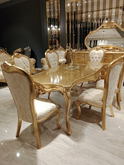Classic Gold Dining Set Wood Table Dining Table + 4x Chairs Kitchen Wood