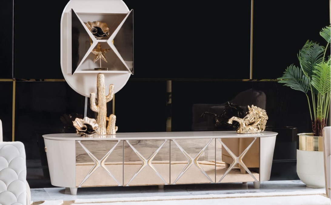 Living Room Chests Wood Low Board Shelf Gold New 2pcs Sideboard Shelves Dresser