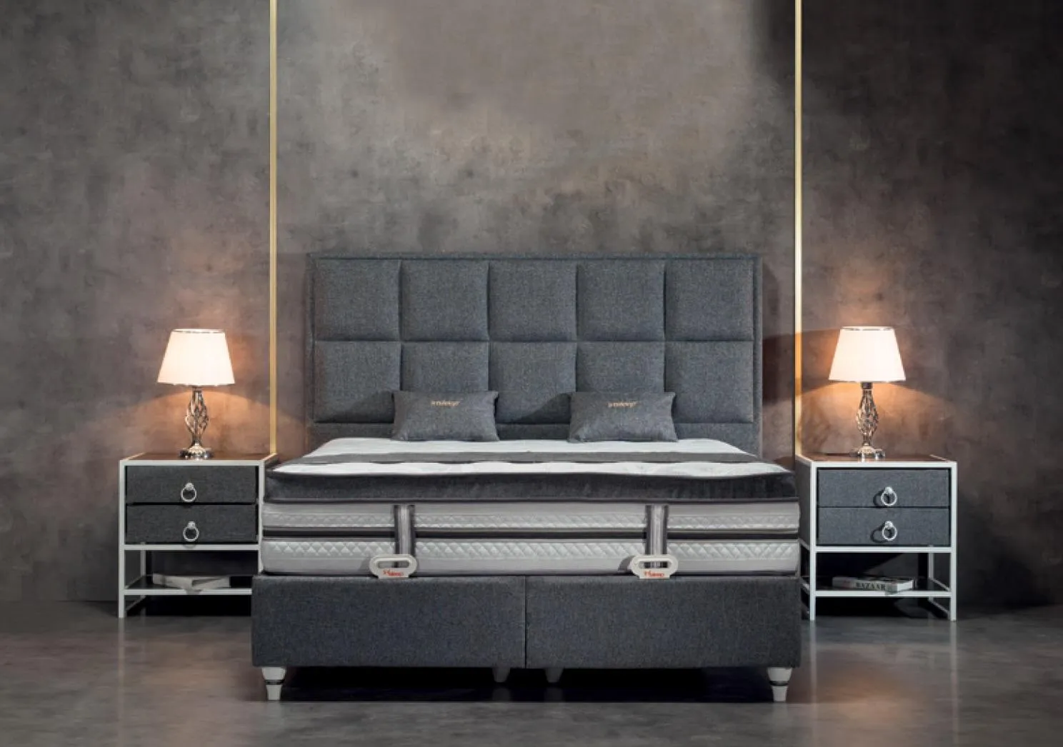 Bedroom set gray bed design modern luxury 2x bedside tables 3 pcs.