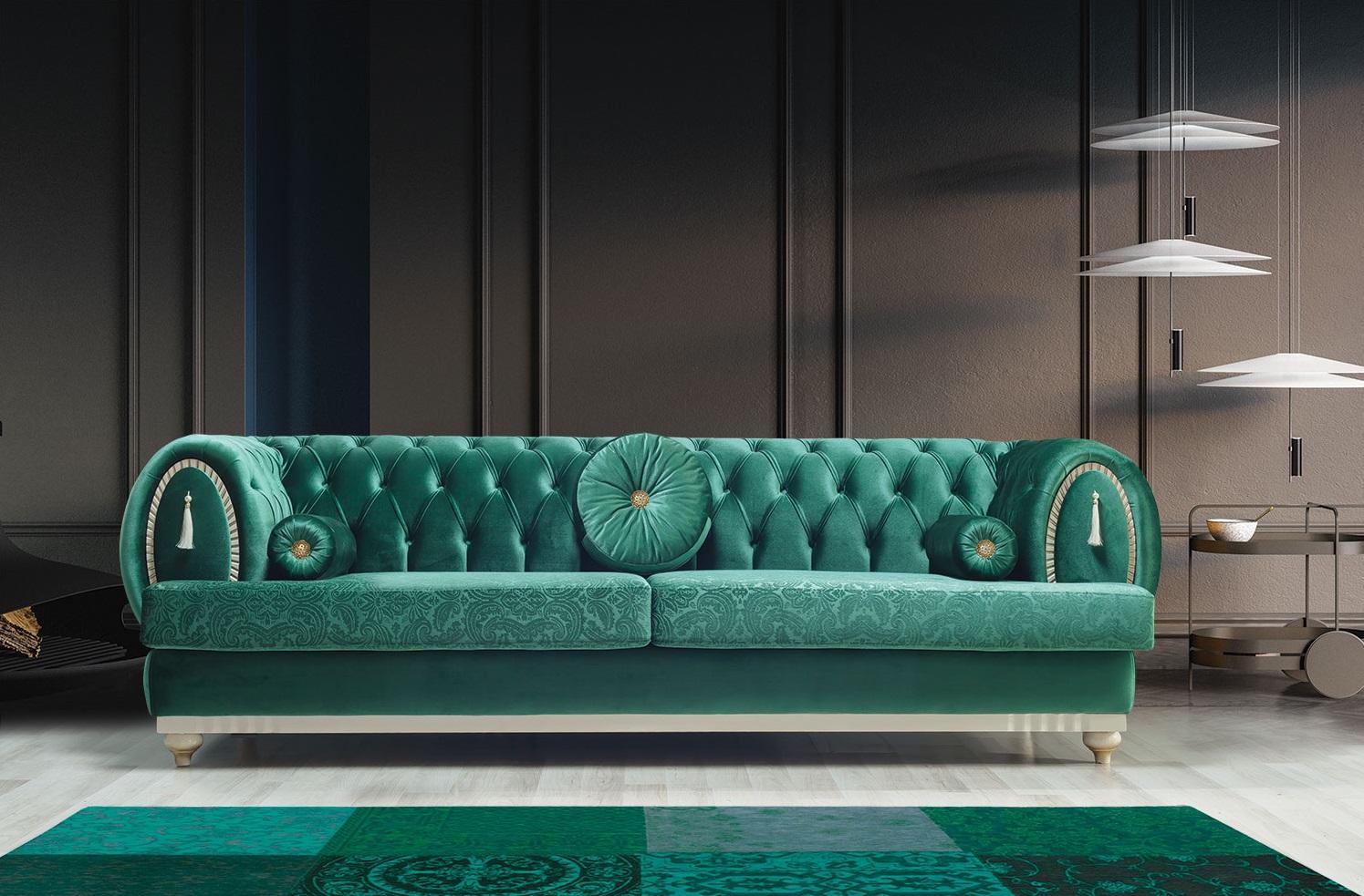 Modern sofa 3-seater Green sofa Luxury living room couch Wooden frame
