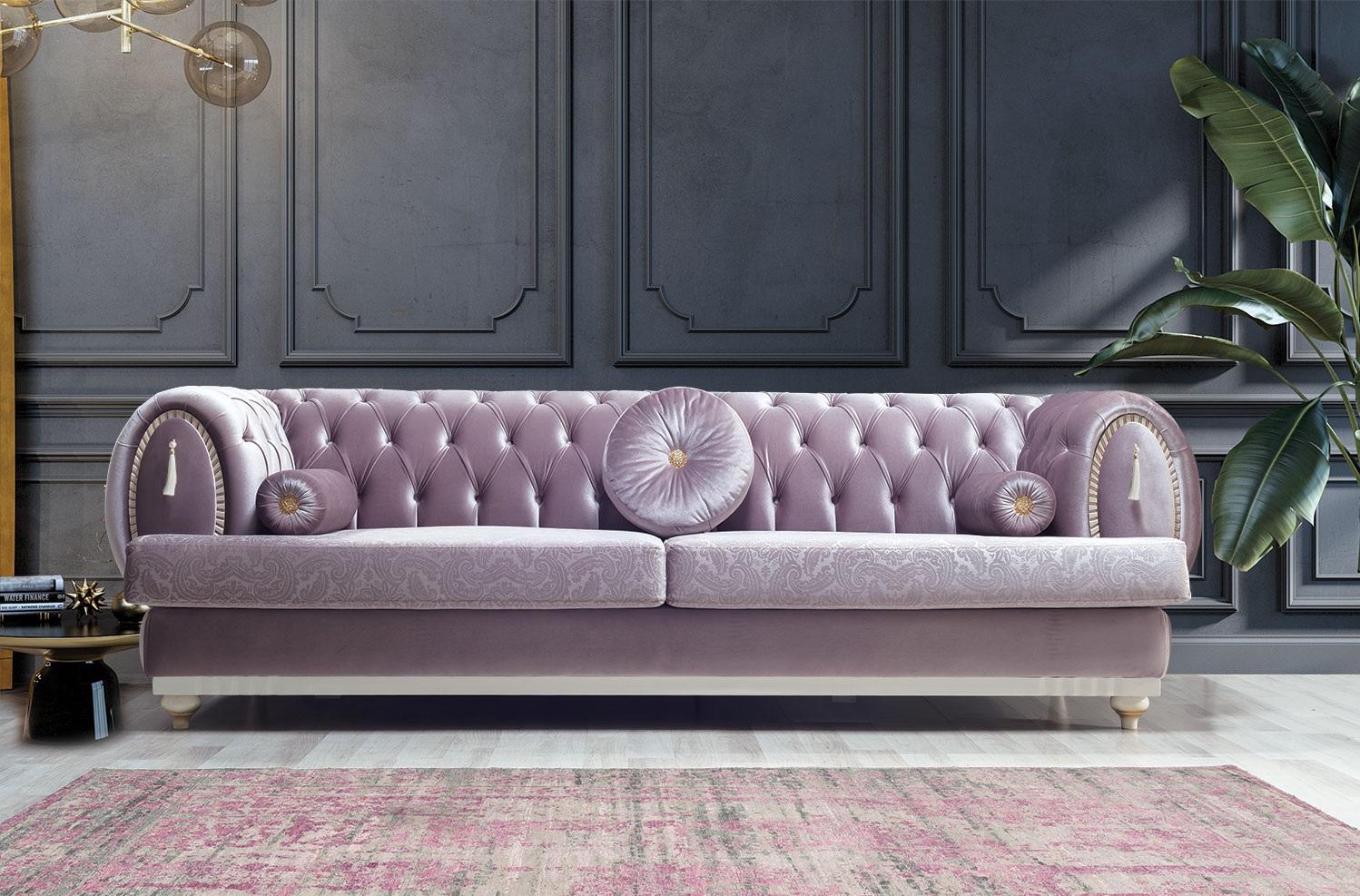 Purple Chesterfield three-seater designer 3-seater upholstered sofa wooden frame