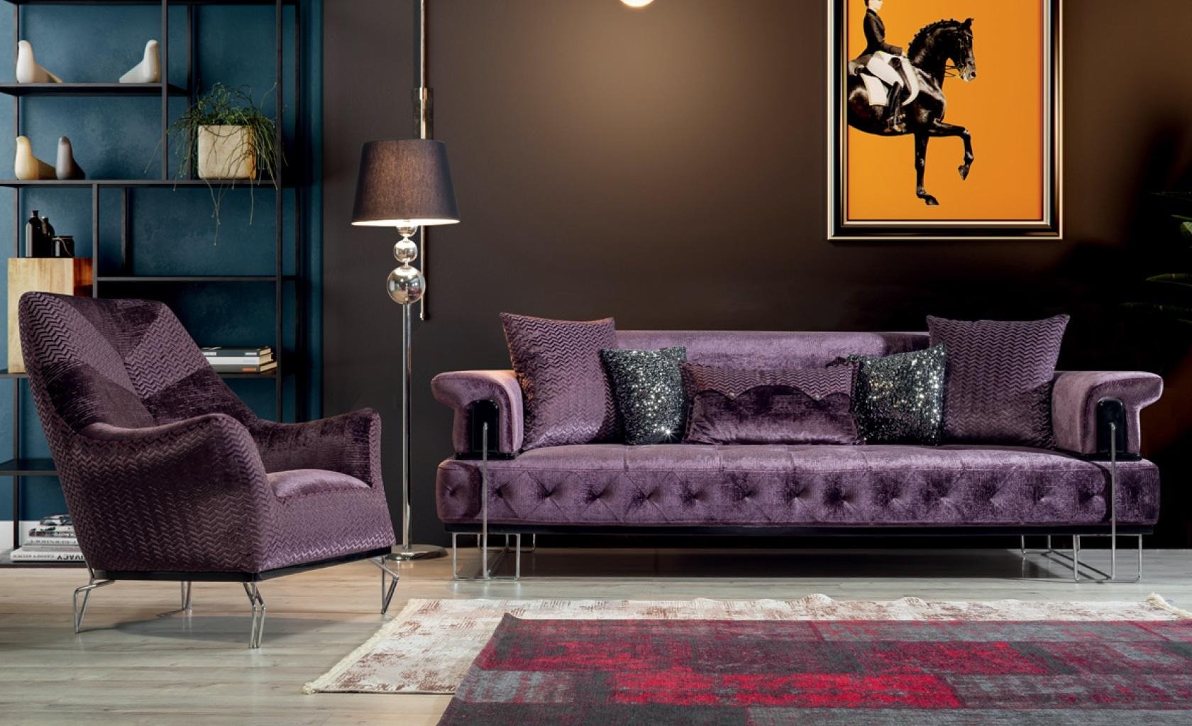 Purple Couch Sofa Set 3+1 Seat Chesterfield Living Room Upholstery