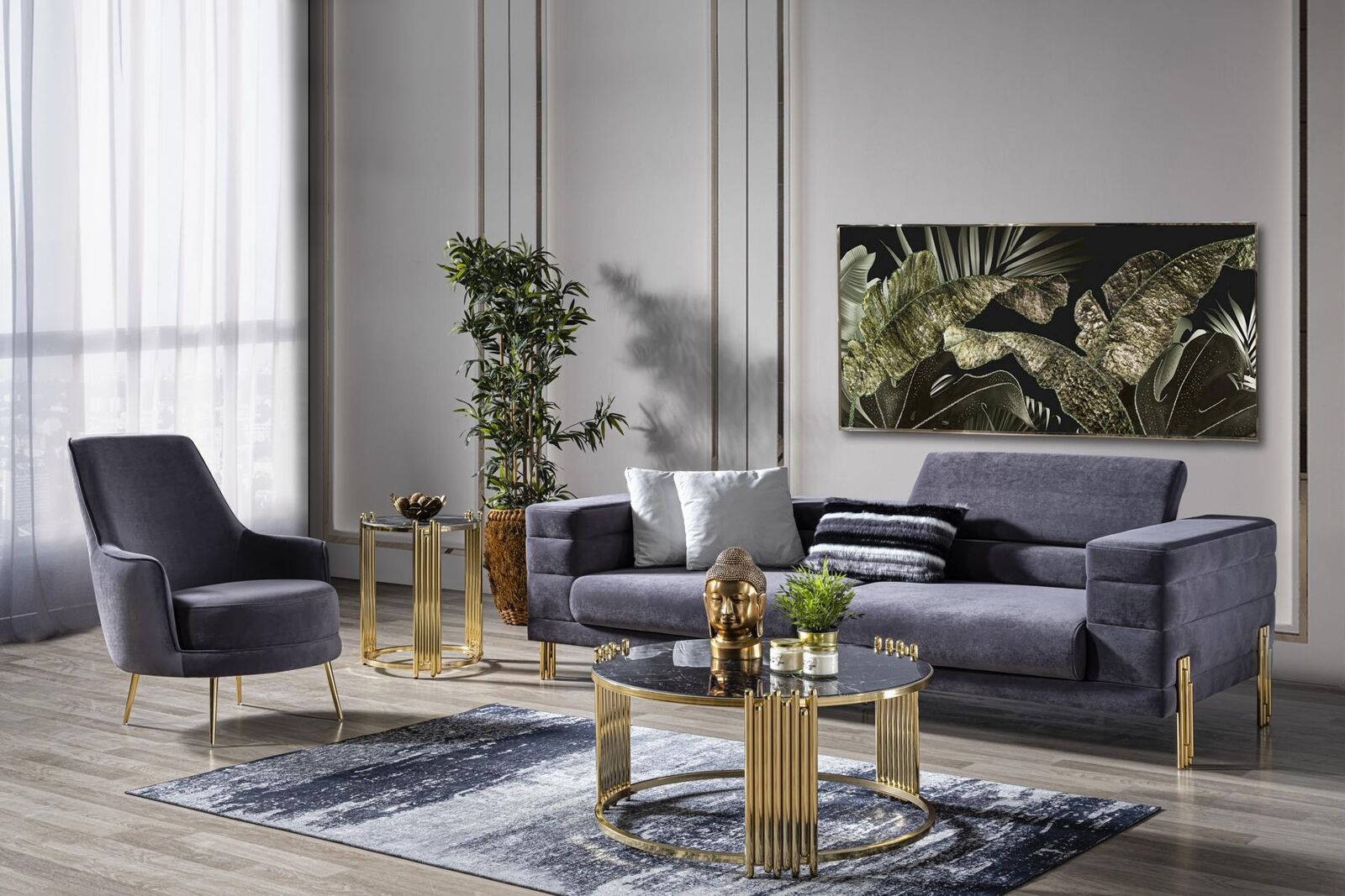 Luxury sofa set sofa 3 seater armchair fabric modern grey modern set