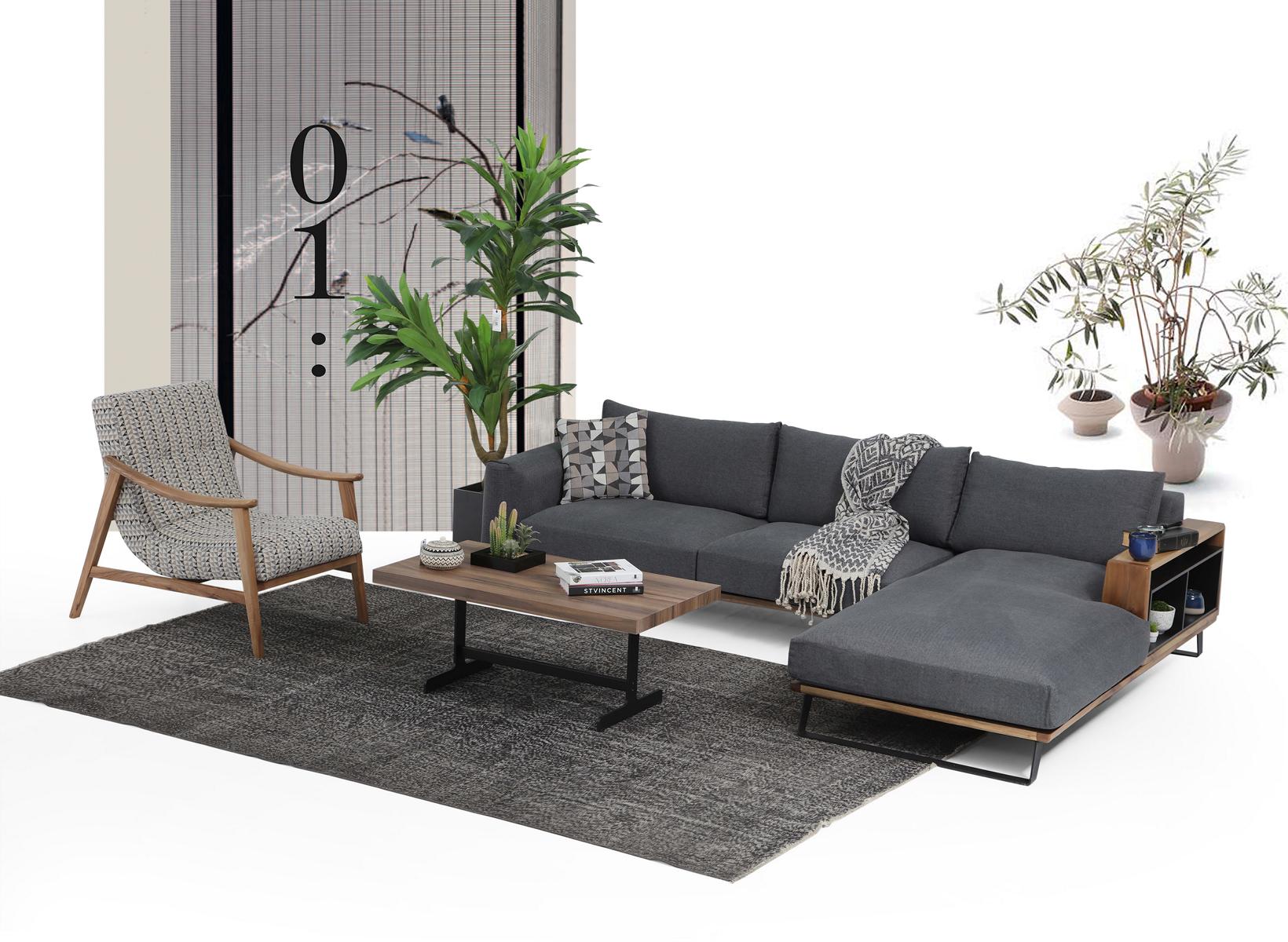 Corner Sofa L-shaped Sofa Grey Modern Fabric Design Living Room Polyester
