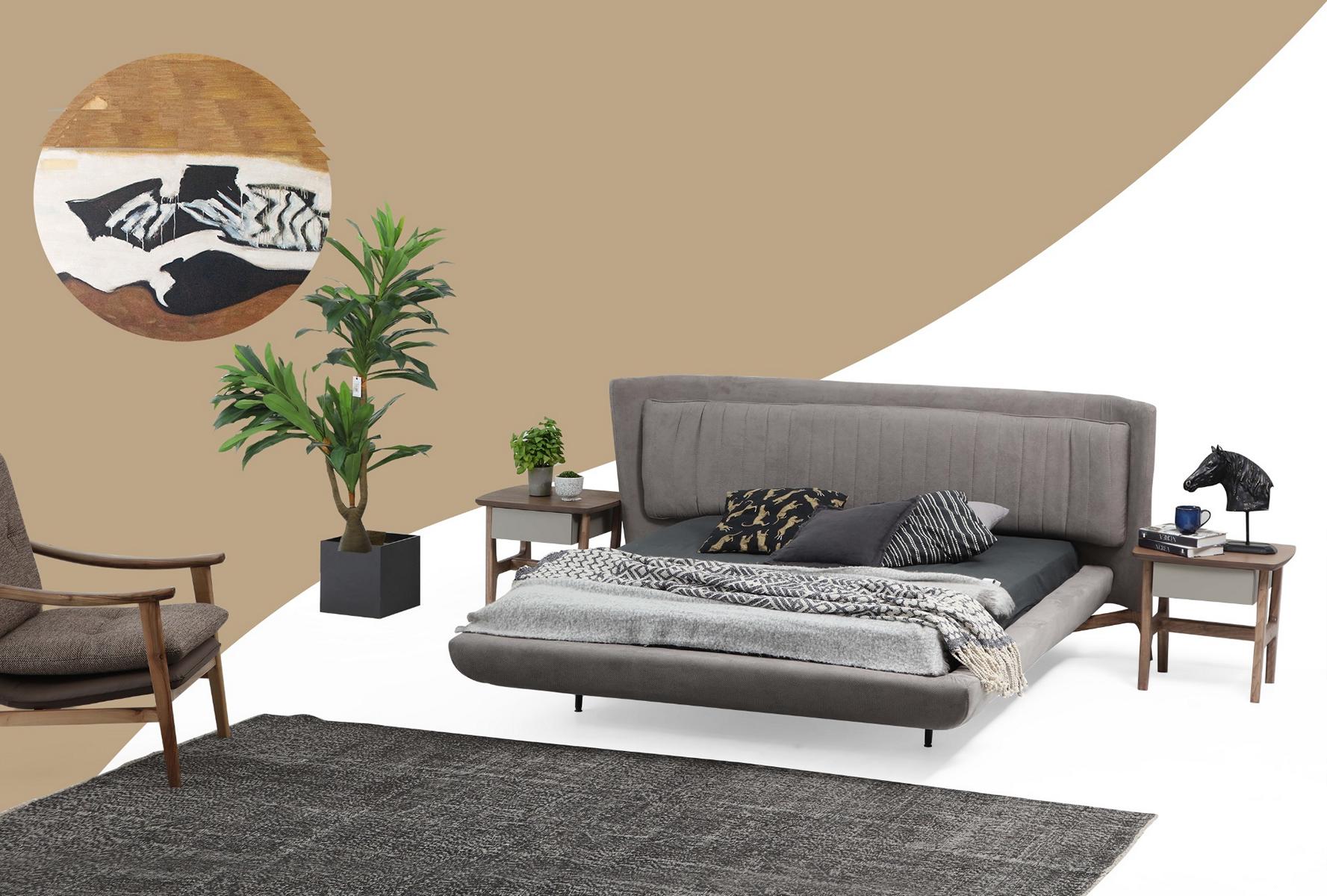 Bed Bed Frame Double Bed Fabric Modern Grey Bedroom Double