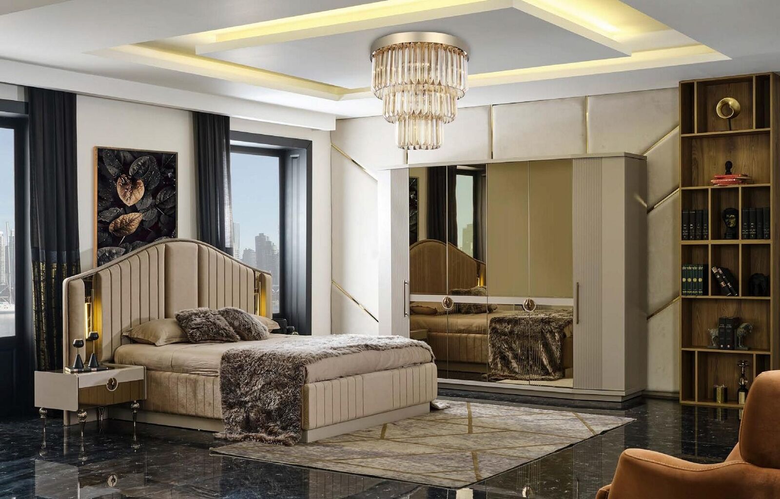 Bedroom Luxury furniture set bed 2x bedside tables wardrobe wardrobe