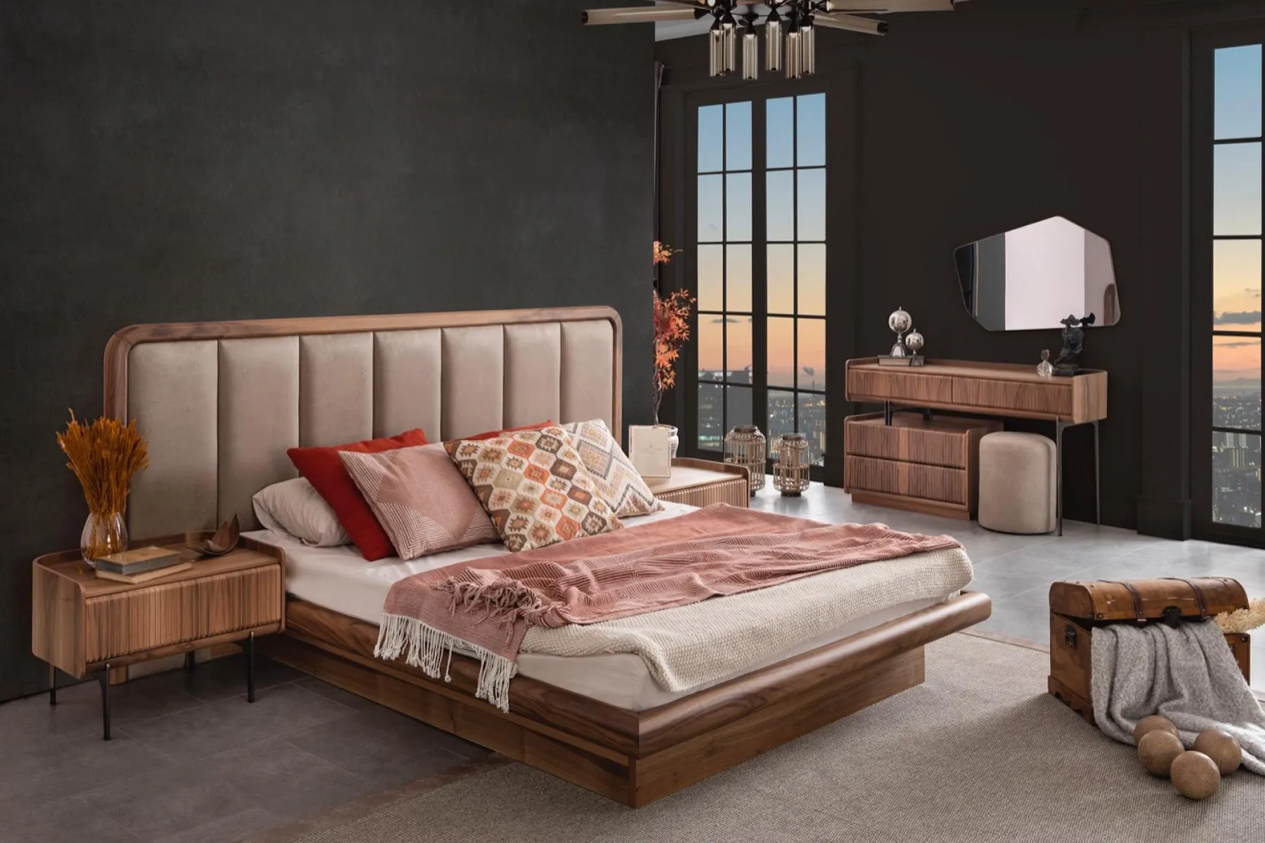 Brown luxury wooden bedroom set bed mirror dressing table