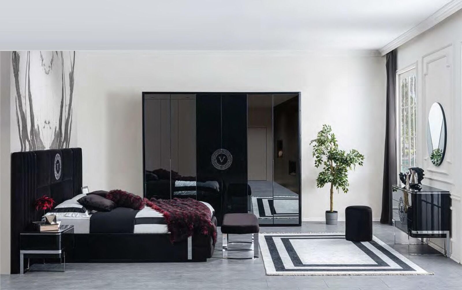 Black wardrobe luxury glass doors four-door bedroom furniture wardrobe