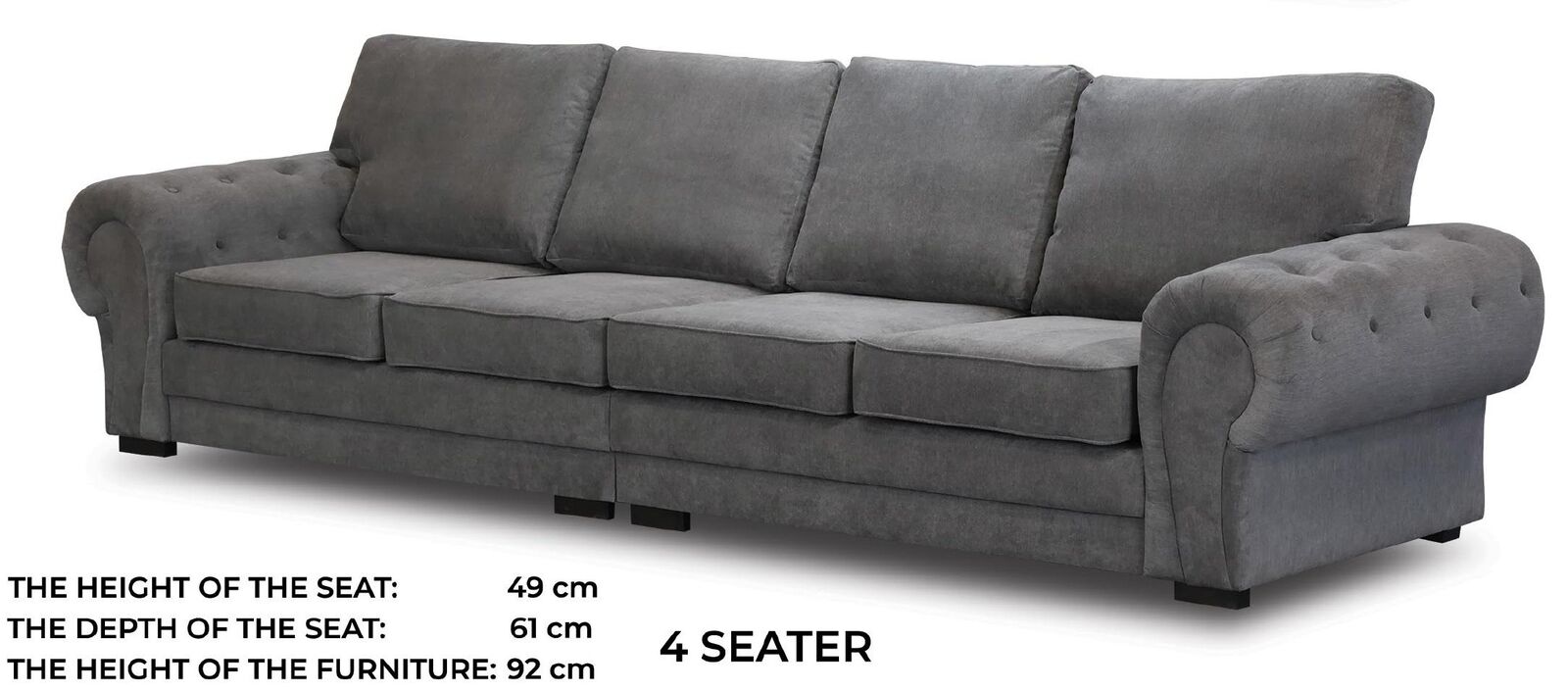 Four-seater classic sofa Furniture upholstery in grey Comfortable couch fabric