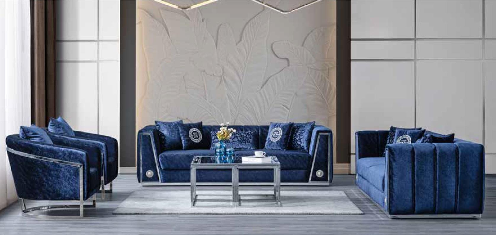Blue Living Room Seating Set Luxury Three Seater Armchair Upholstered Furniture Modern