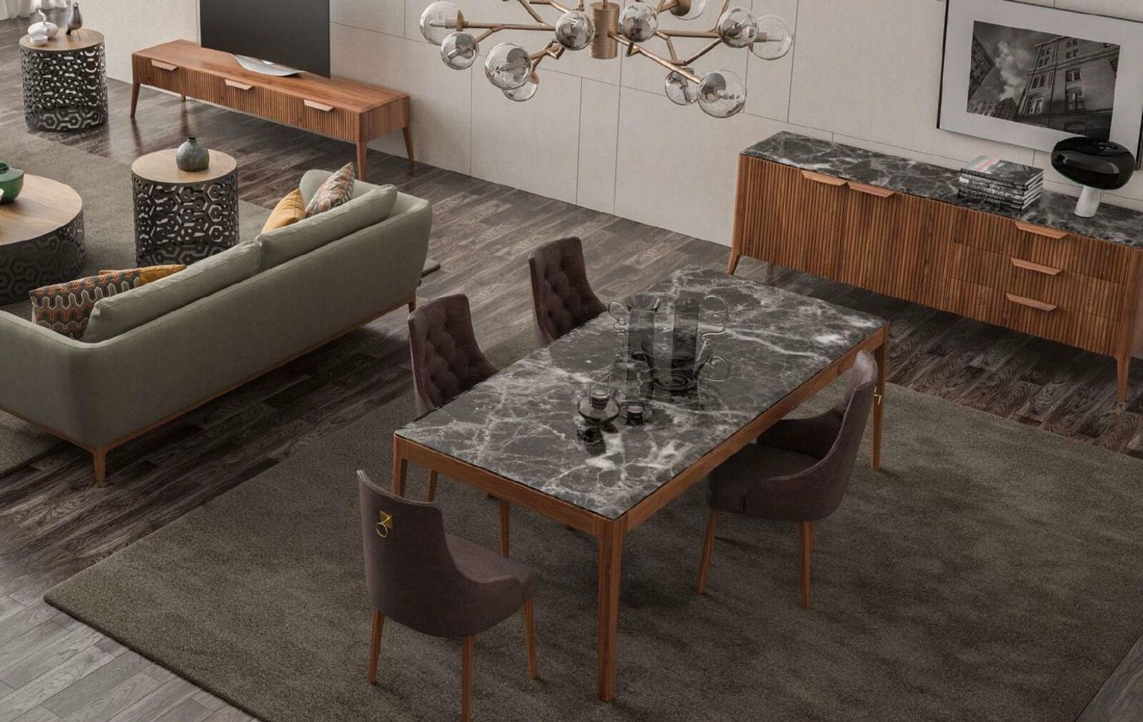 Modern dining room furniture Natural walnut Fantastic brown marble