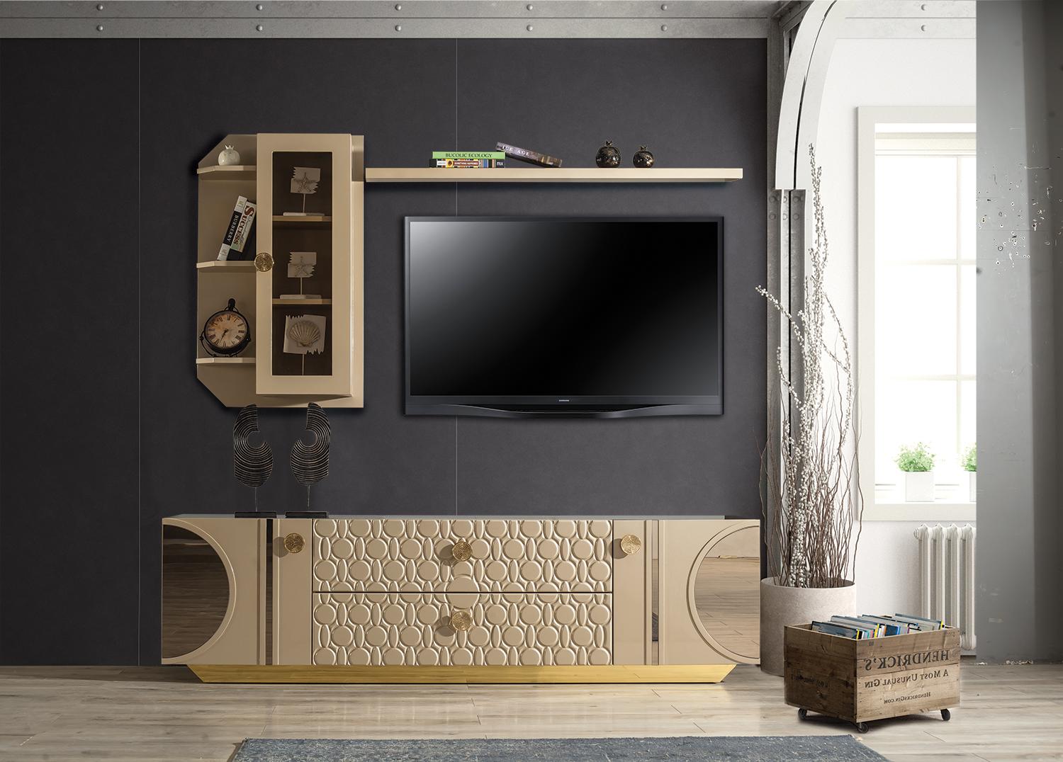 beige rtv low tv cabinet chest+wall shelf living room modern wood design furniture