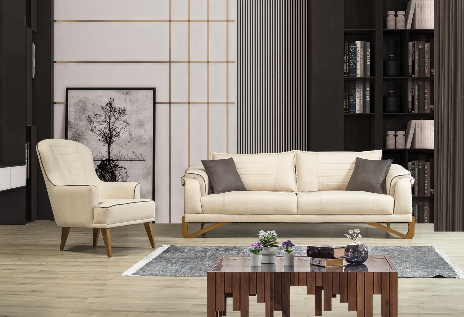 Sofa Set Beige with Wooden Frame 3+1 Seater Couches Sets Furniture