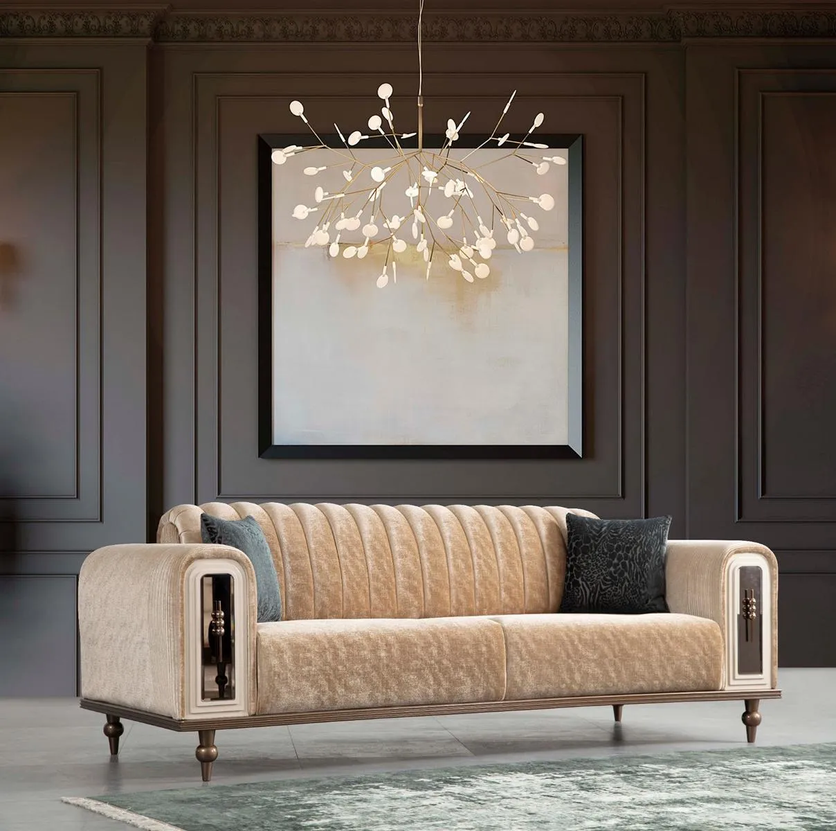 Luxury bench sofa couch beige living room law firm JV furniture textile sofas