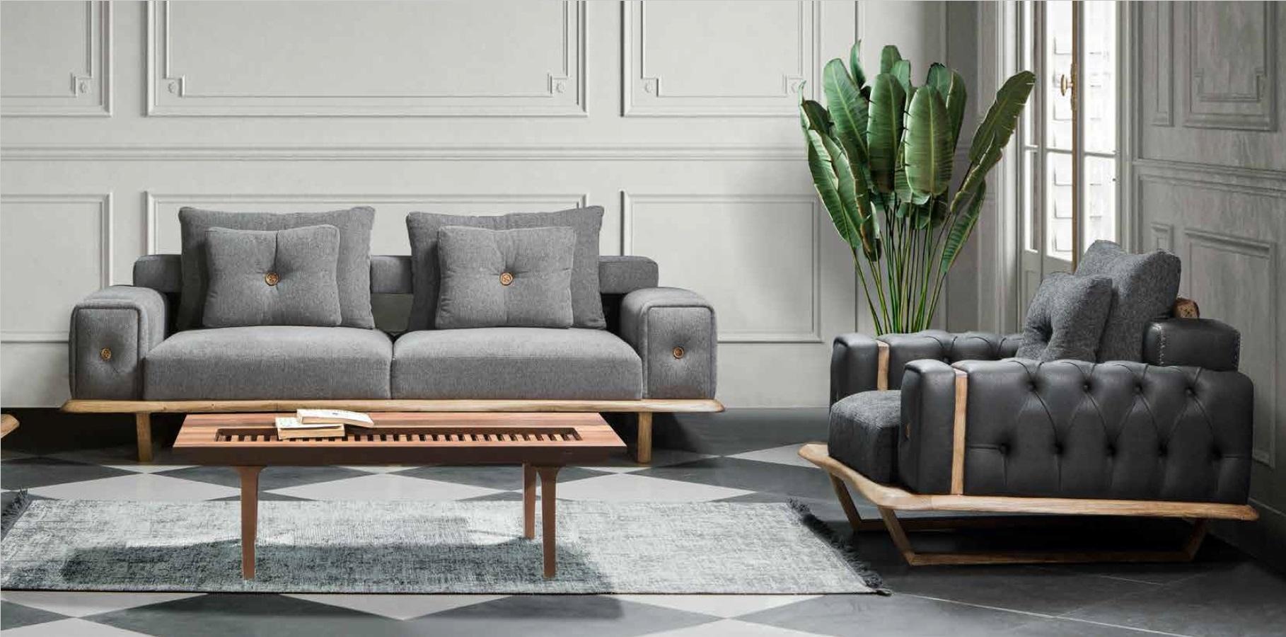 Sofa set living room wood 3 1 set sofa couch armchair textile gray