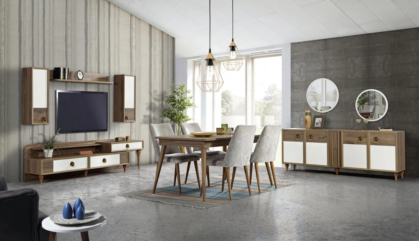 Living room sideboard with mirror set wood brown new modern luxury
