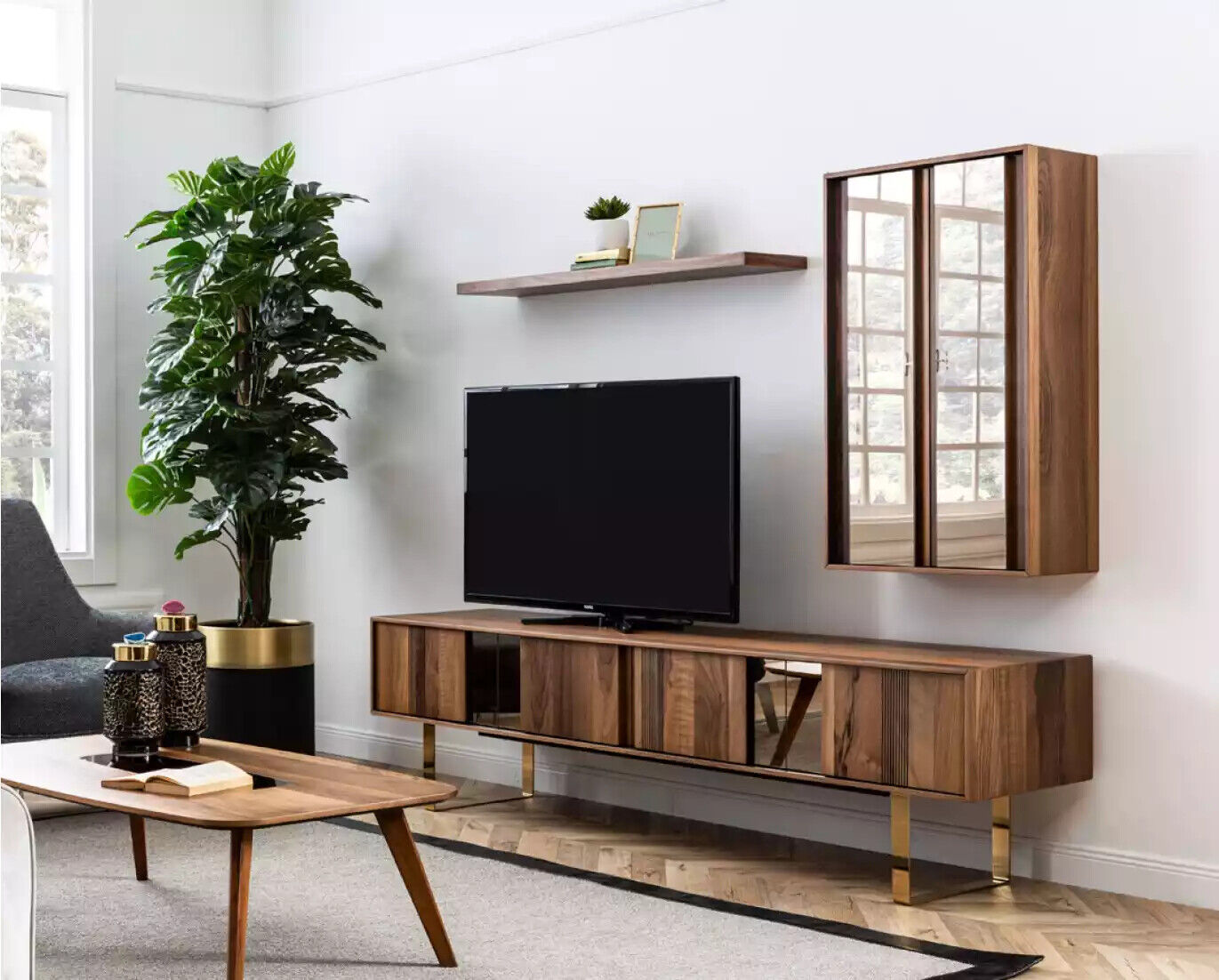 tv lowboard rtv cabinet table living room wood modern wall unit furniture 5pcs