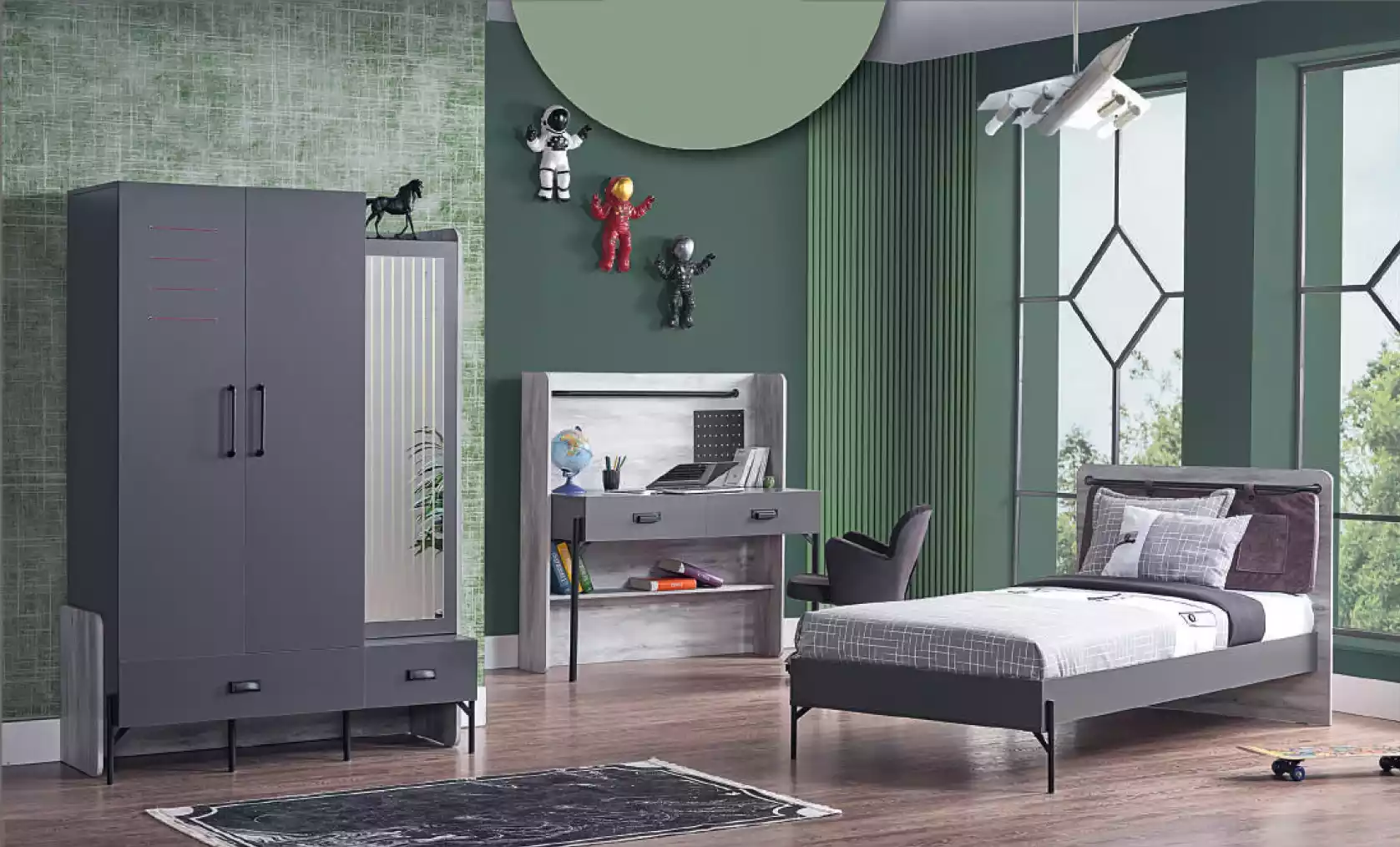 Gray youth room set children\'s room table cupboard bed 3 pieces.
