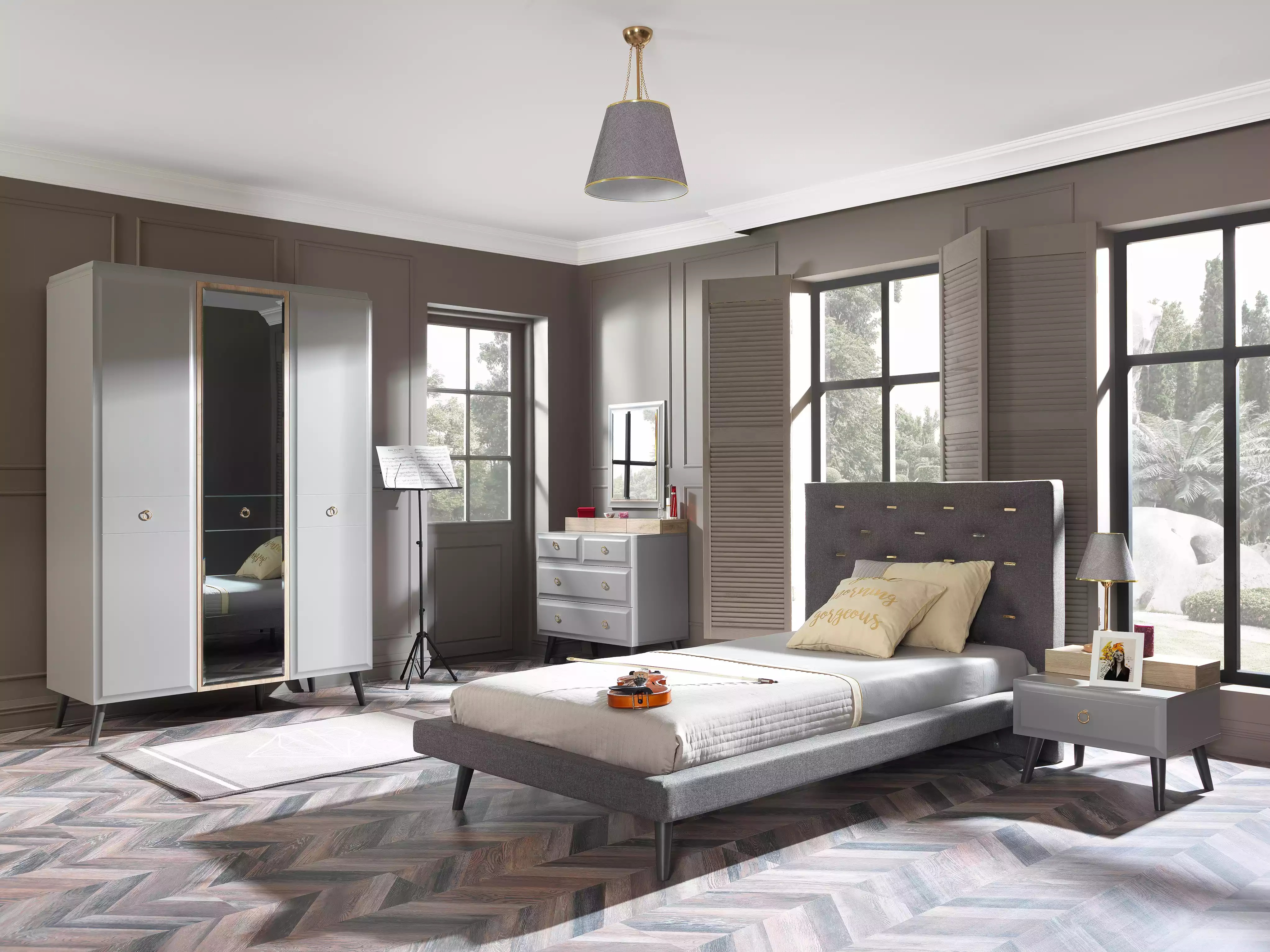 Complete youth bed bedroom furniture wooden bed bed grey set 4pcs