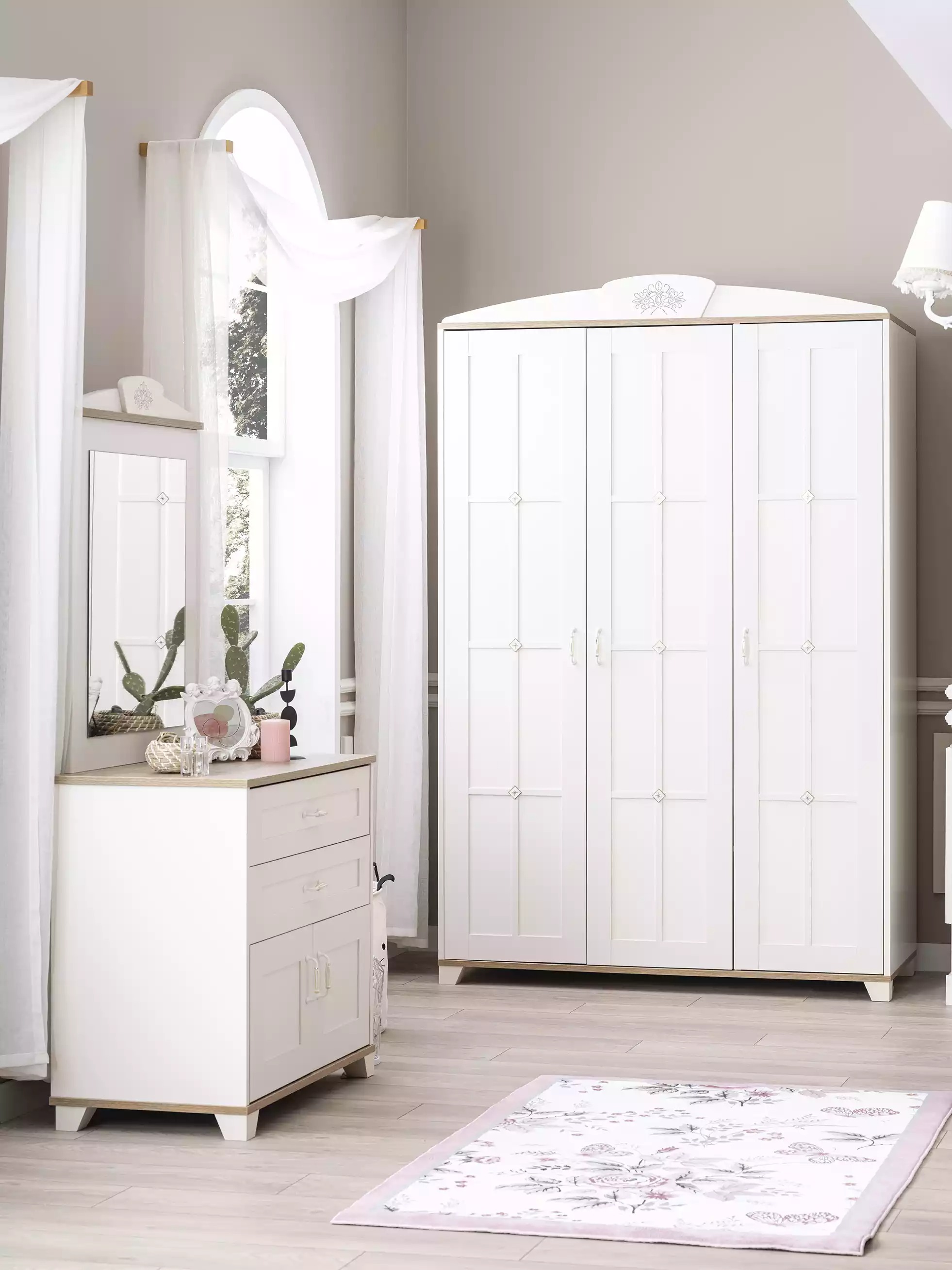 Bedroom wardrobe set 3-piece chest of drawers wood white
