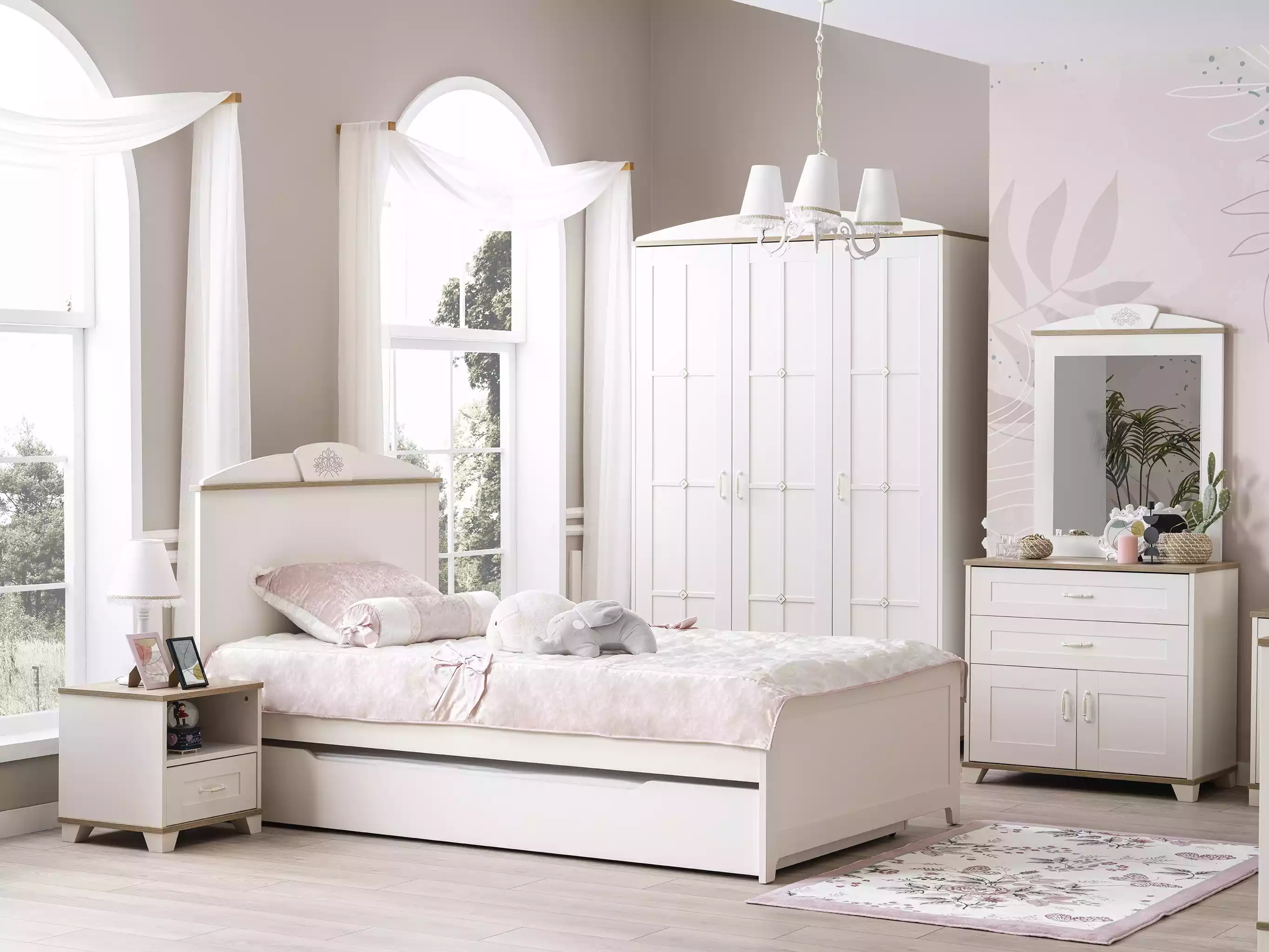 Functional bed Extendable children\'s bed Bed White Set 5pcs Wooden bed