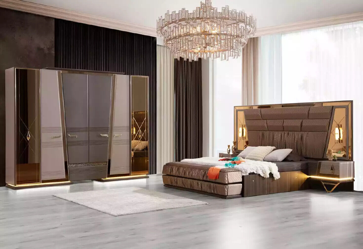 Double Bed Modern Bedroom Set Luxury Gold Bed Set 4pcs Beige