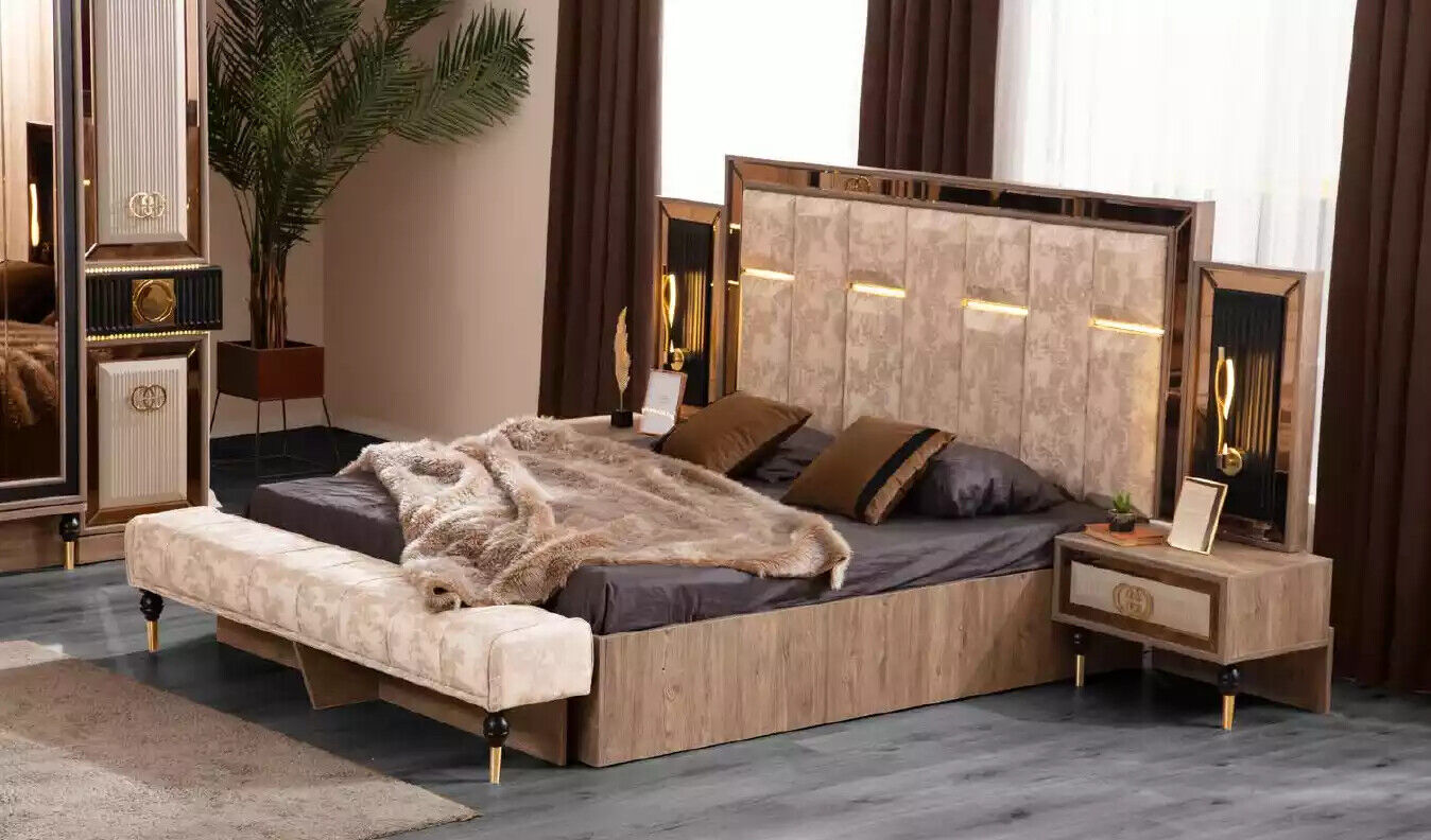 Bedroom bed Double bed Beige fabric Bedside tables set 3pcs Bed New