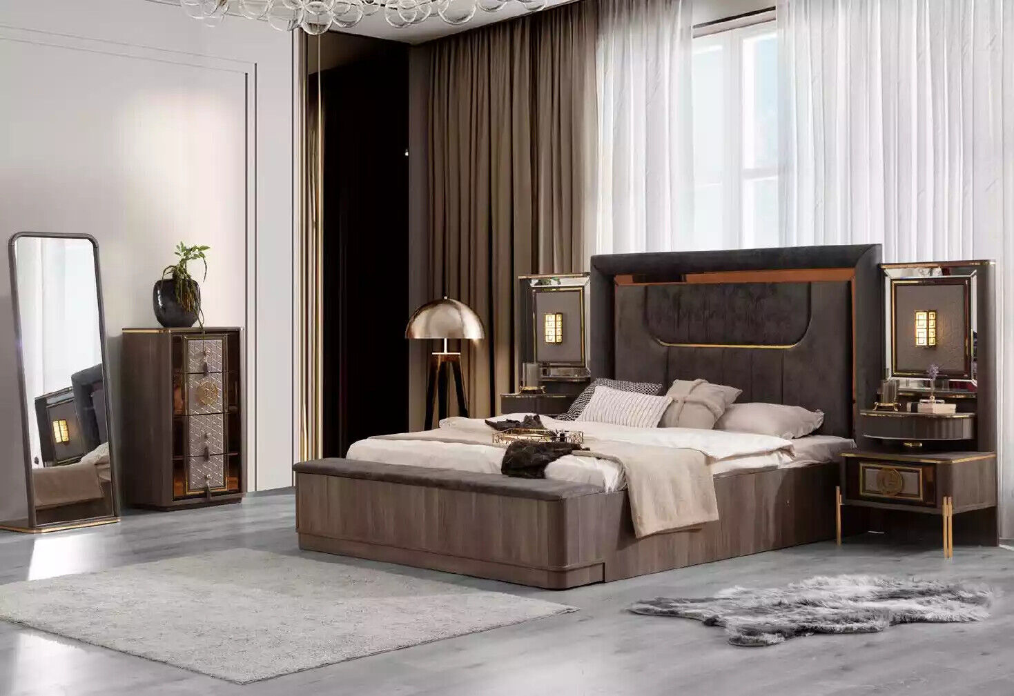 Grey set double bed set 6pcs bed bedroom fabric chest of drawers new
